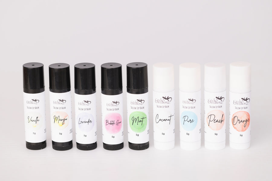 Gecko Creationz tallow lip balms in nine flavours