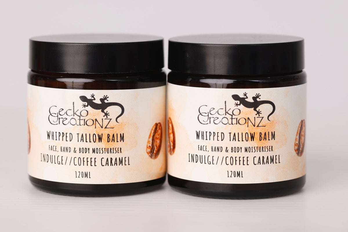 Indulge Coffee Caramel whipped tallow balm, two jars