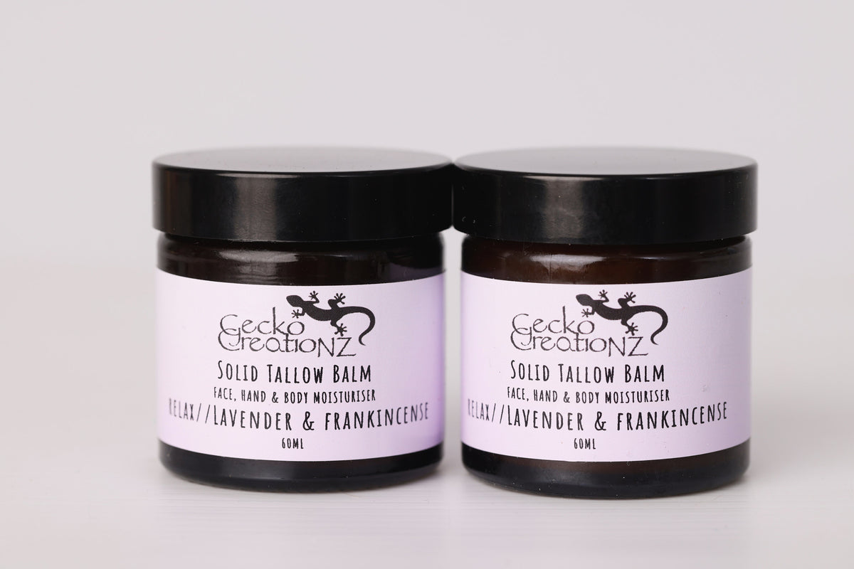 Relax Lavender & Frankincense solid tallow balm, two jars