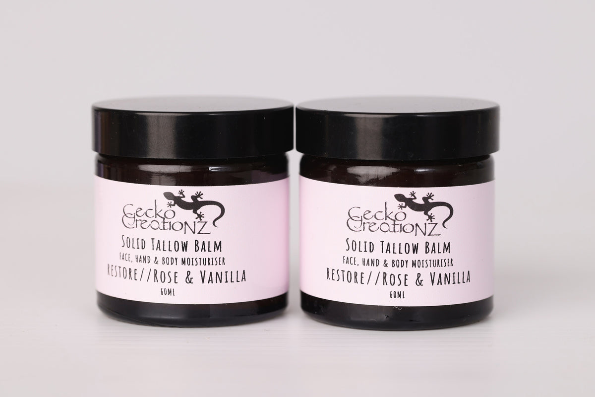 Restore Rose & Vanilla solid tallow balm, two jars