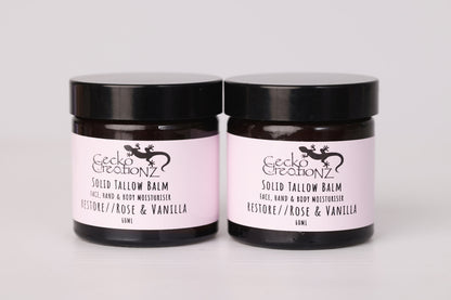 Restore Rose & Vanilla solid tallow balm, two jars