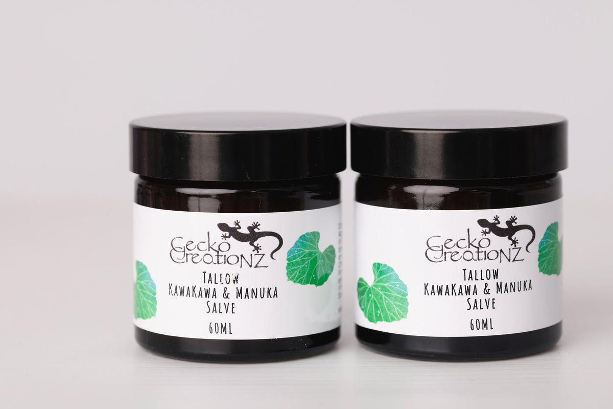 Tallow kawakawa & manuka salve, two jars