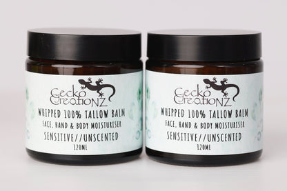 Whipped 100% tallow balm, sensitive unscented, two jars