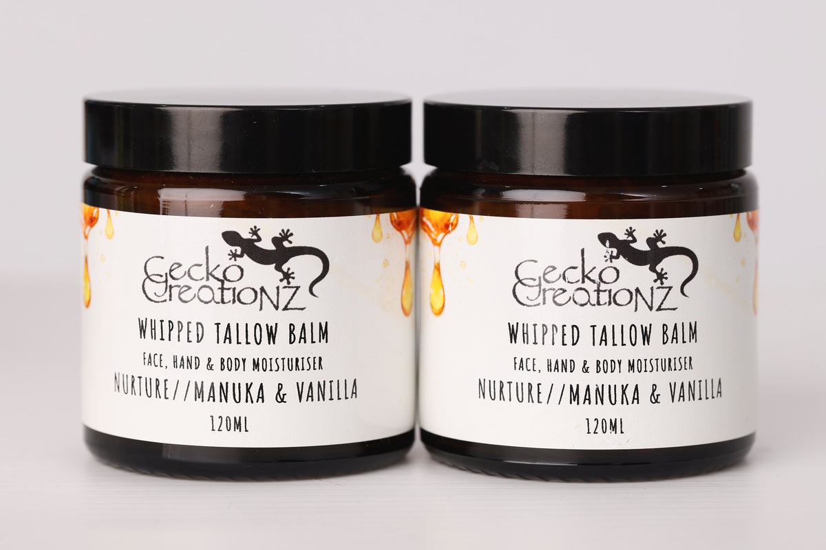 Nurture Manuka & Vanilla whipped tallow balm, two jars