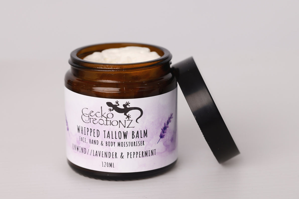 Unwind Lavender & Peppermint whipped tallow balm, open jar