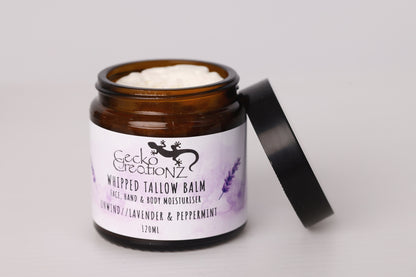 Unwind Lavender & Peppermint whipped tallow balm, open jar