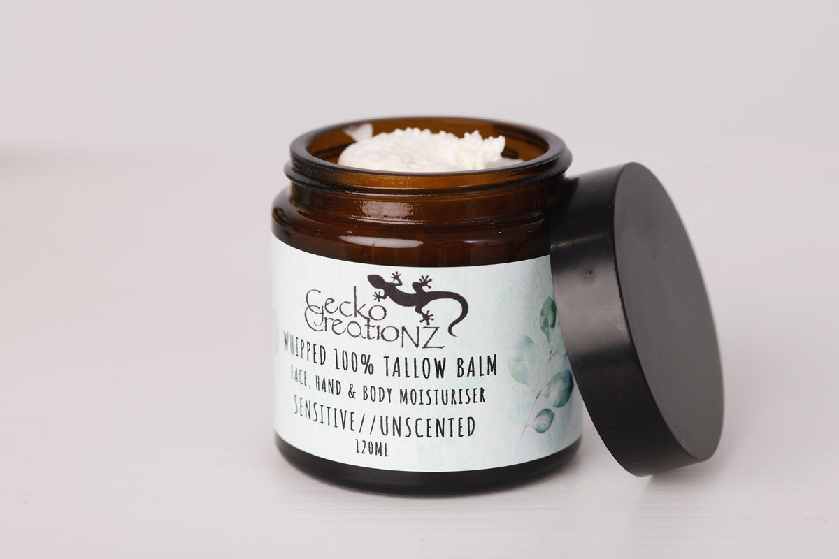 Whipped 100% tallow balm, sensitive unscented, open jar