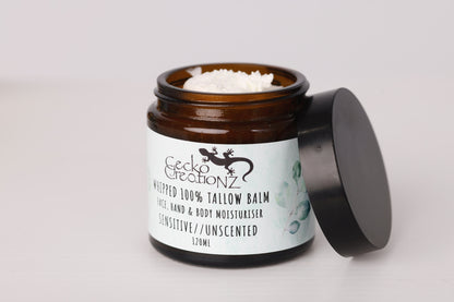 Whipped 100% tallow balm, sensitive unscented, open jar