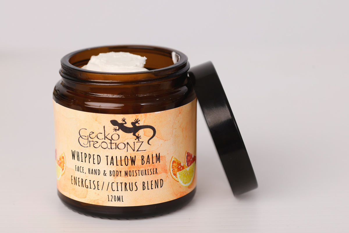 Energise Citrus Blend whipped tallow balm, open jar