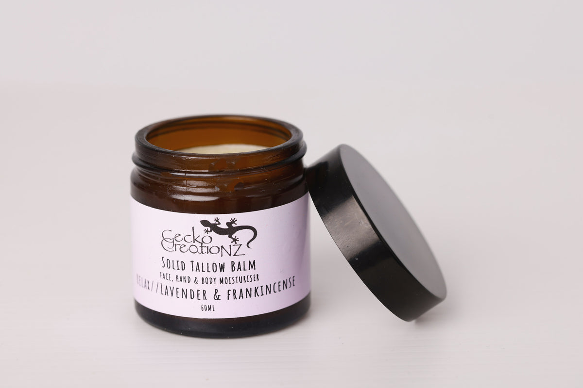 Relax Lavender & Frankincense solid tallow balm, open jar
