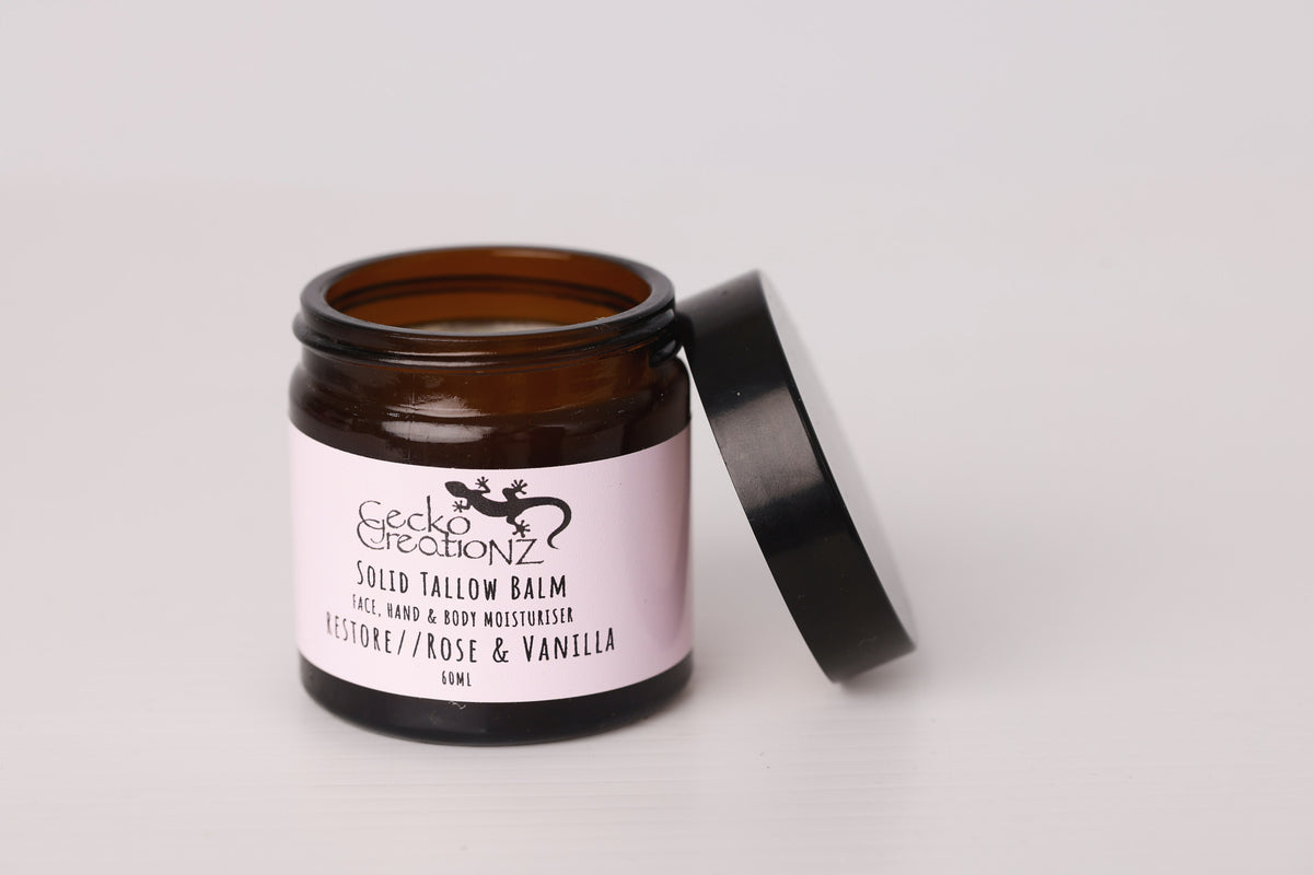 Restore Rose & Vanilla solid tallow balm, open jar