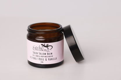 Restore Rose & Vanilla solid tallow balm, open jar