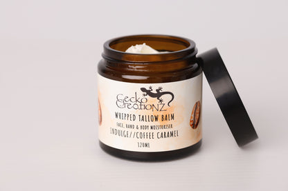 Indulge Coffee Caramel whipped tallow balm, open jar