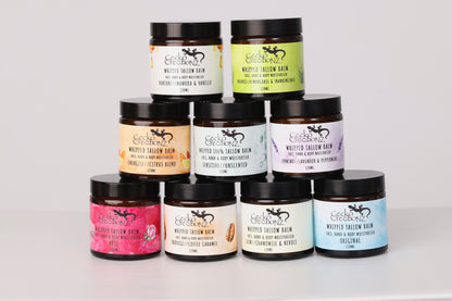 Pyramid of Gecko Creationz whipped tallow balm jars in every scent