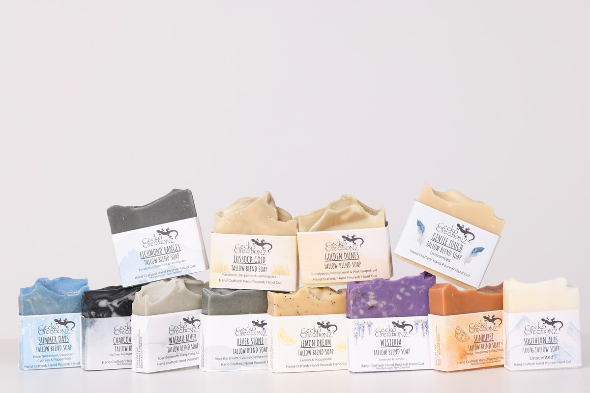 Row of handmade tallow blend soaps