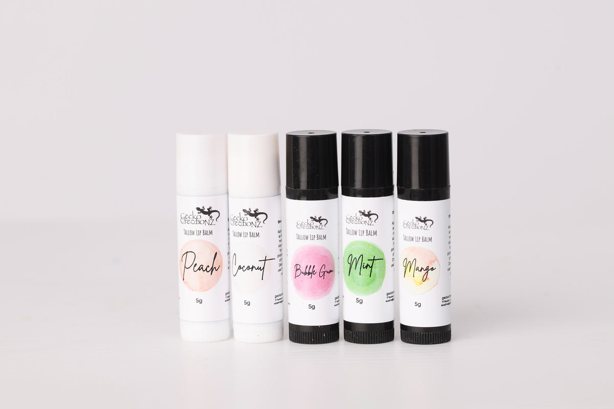 Five tallow lip balms: peach, coconut, bubblegum, mint and mango