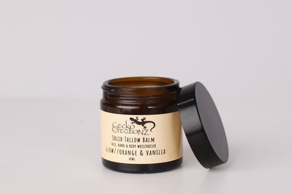 Glow Orange & Vanilla solid tallow balm, open jar